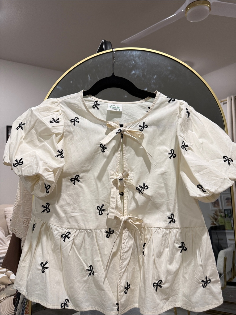 Cream Bow-Embroidered Top
